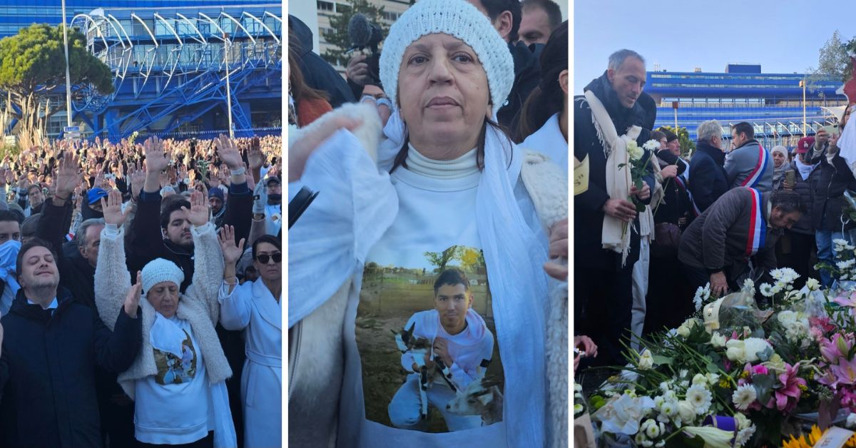 Marche blanche à Marseille pour Mehdi kessaci, sa mère portant son image sur un tee-shirt