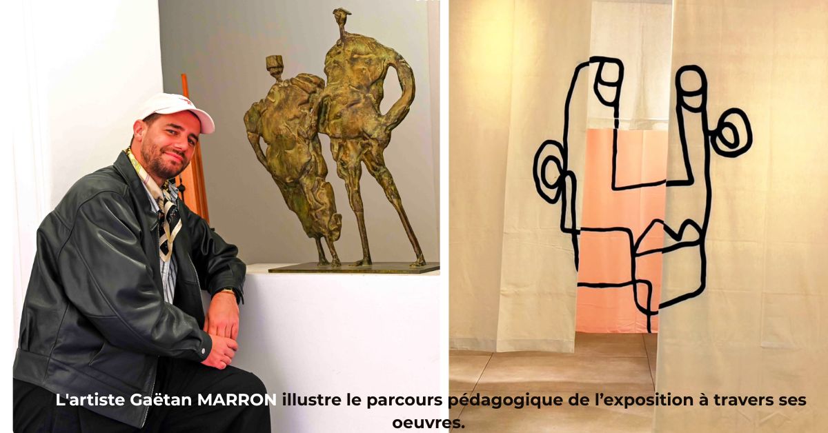 L'artiste Gaëtan Marron avec ses œuvres présentées à l'exposition Inspire For Cancer