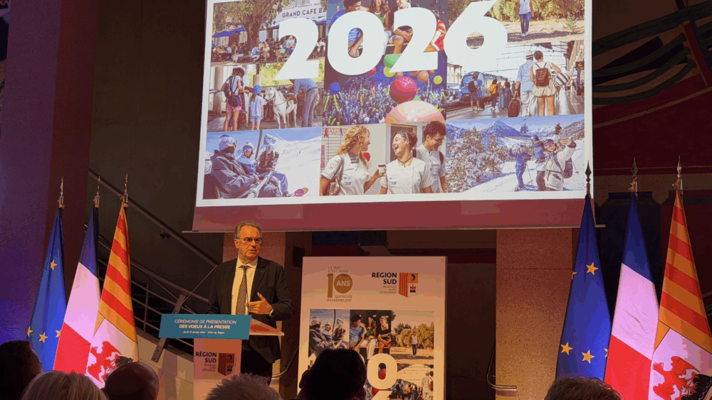 Renaud Muselier prononçant son discours lors de la cérémonie des voeux 2026 de la Région Sud