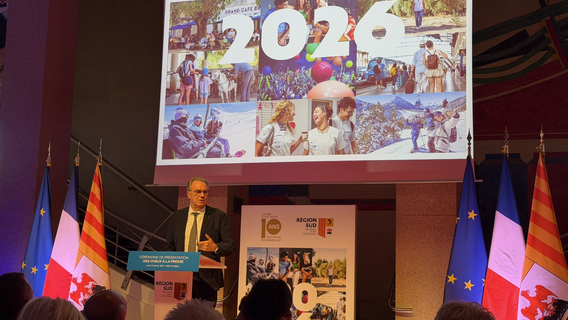 Renaud Muselier prononçant son discours lors de la cérémonie des voeux 2026 de la Région Sud